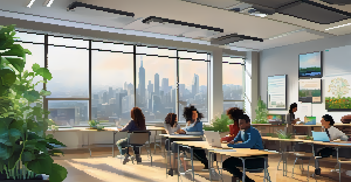 A diverse group of students in a bright classroom, actively participating in online learning with laptops and a video conference screen.