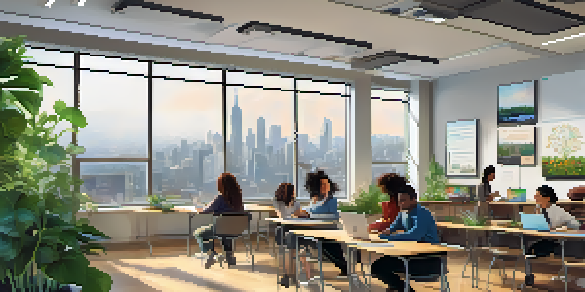 A diverse group of students in a bright classroom, actively participating in online learning with laptops and a video conference screen.