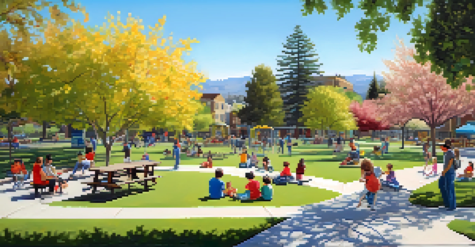 Aerial view of a community park in San Jose with families enjoying the day, children playing, and blooming trees.