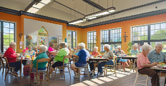 A community center with seniors participating in fitness and arts activities, showcasing a lively and engaging atmosphere.