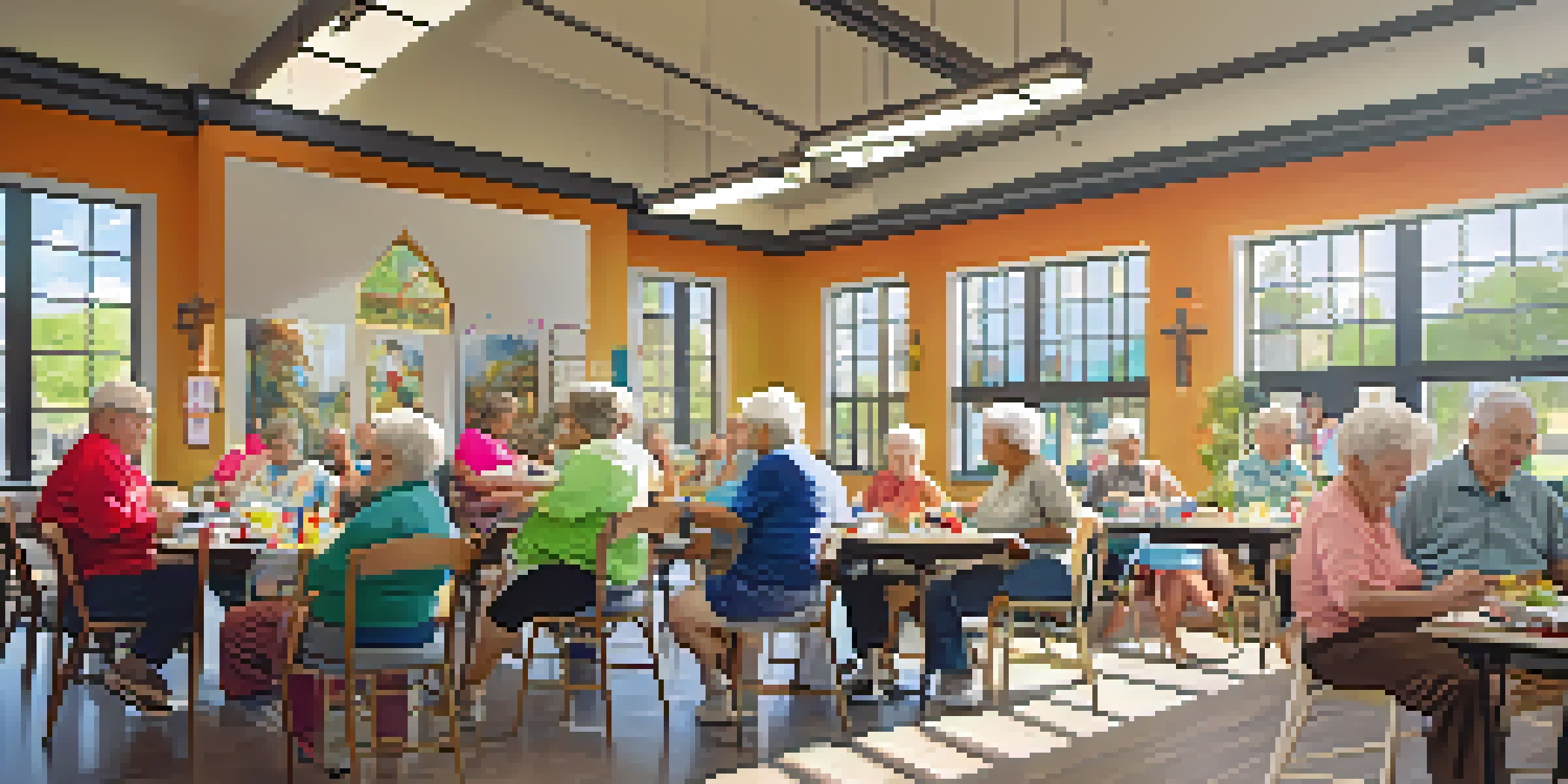 A community center with seniors participating in fitness and arts activities, showcasing a lively and engaging atmosphere.