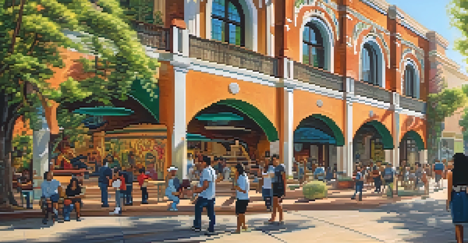 The Mexican Heritage Plaza featuring a colorful mural and people participating in art activities, set in a lush green environment.