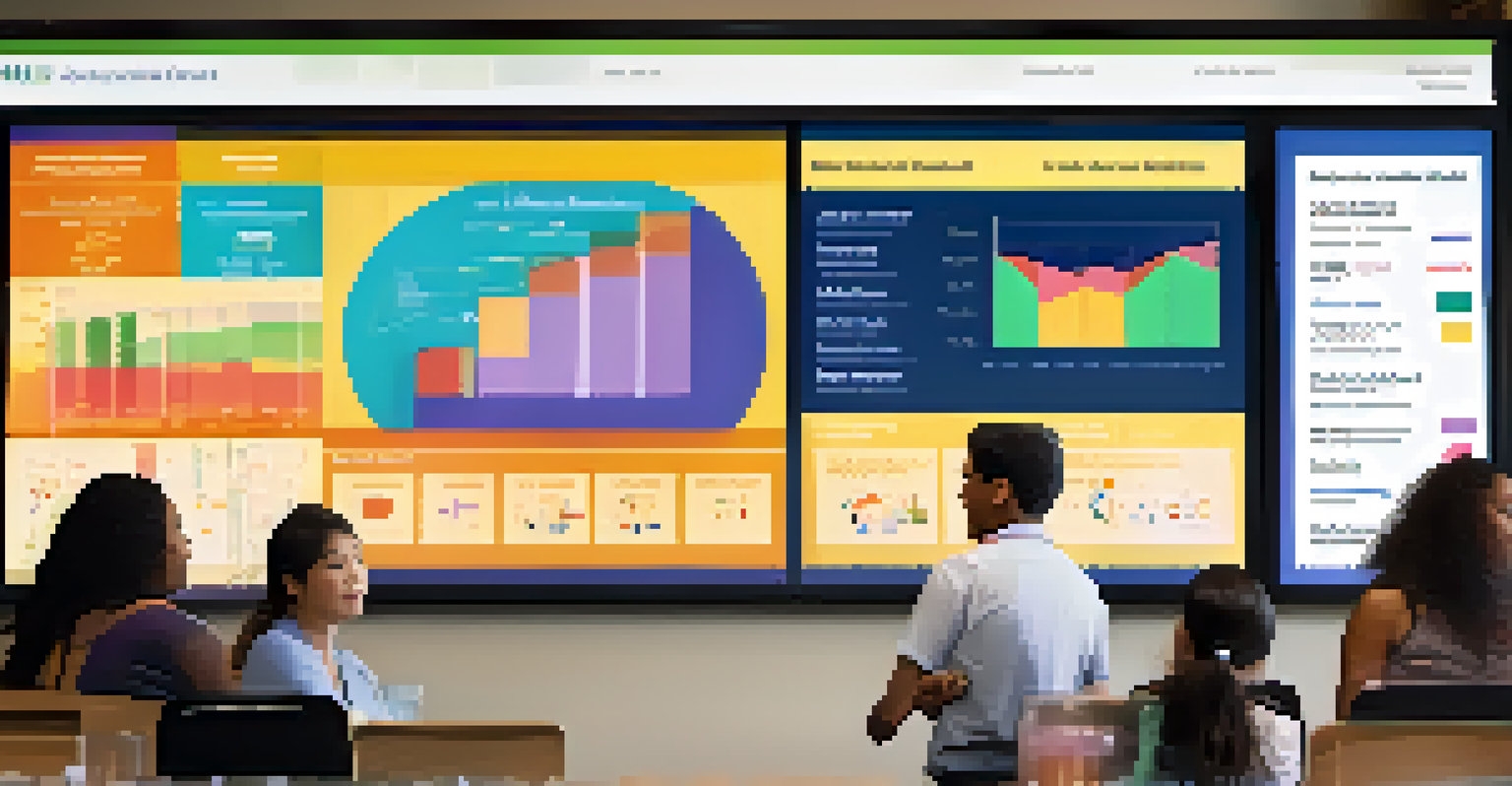Residents gathered around a large screen displaying a colorful data dashboard about public safety and housing, engaged in discussion in a modern community center.