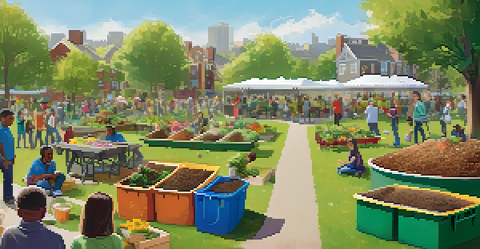 A community composting event with diverse residents actively participating, surrounded by compost bins and educational materials in a sunny park.
