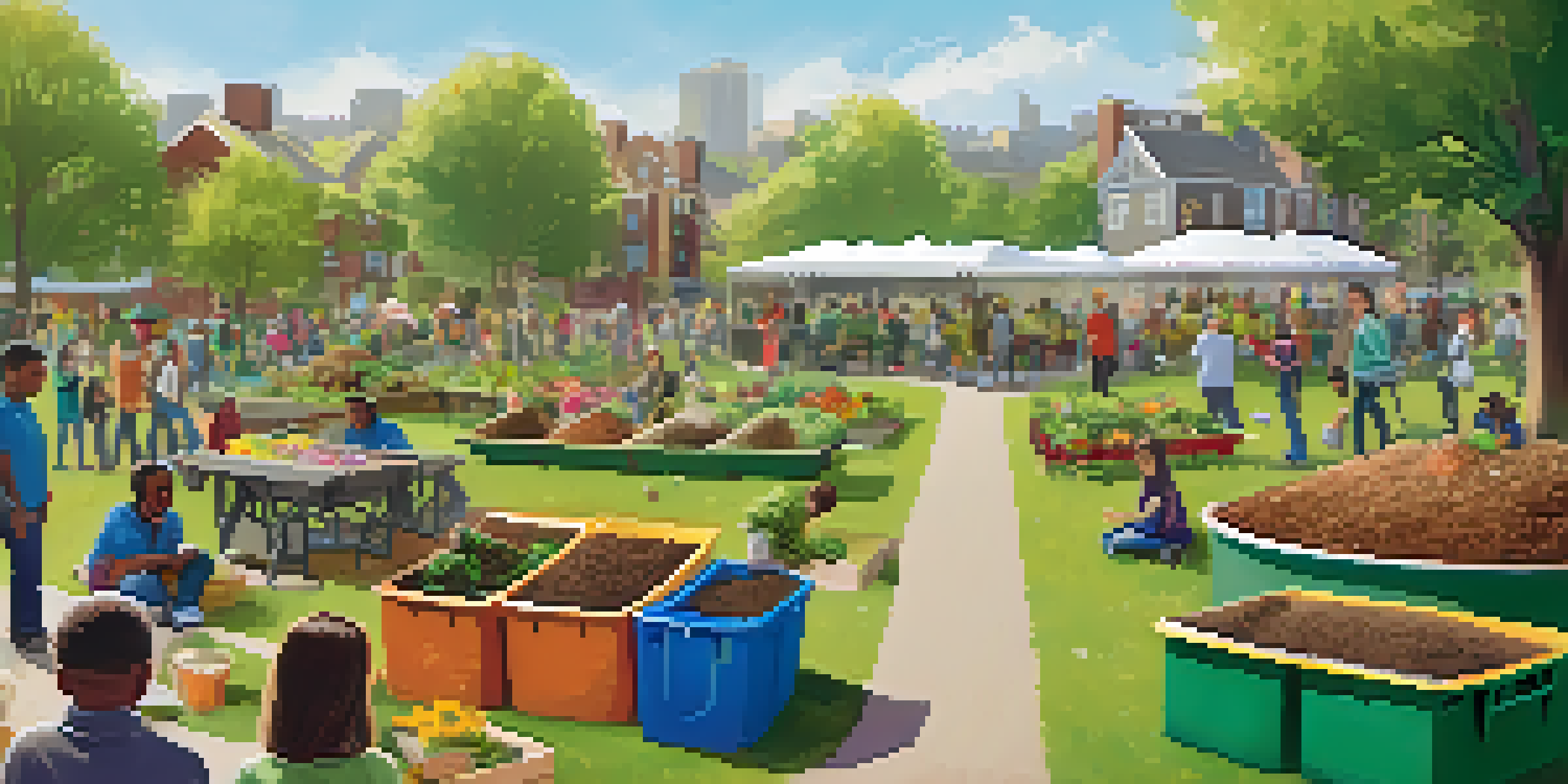 A community composting event with diverse residents actively participating, surrounded by compost bins and educational materials in a sunny park.