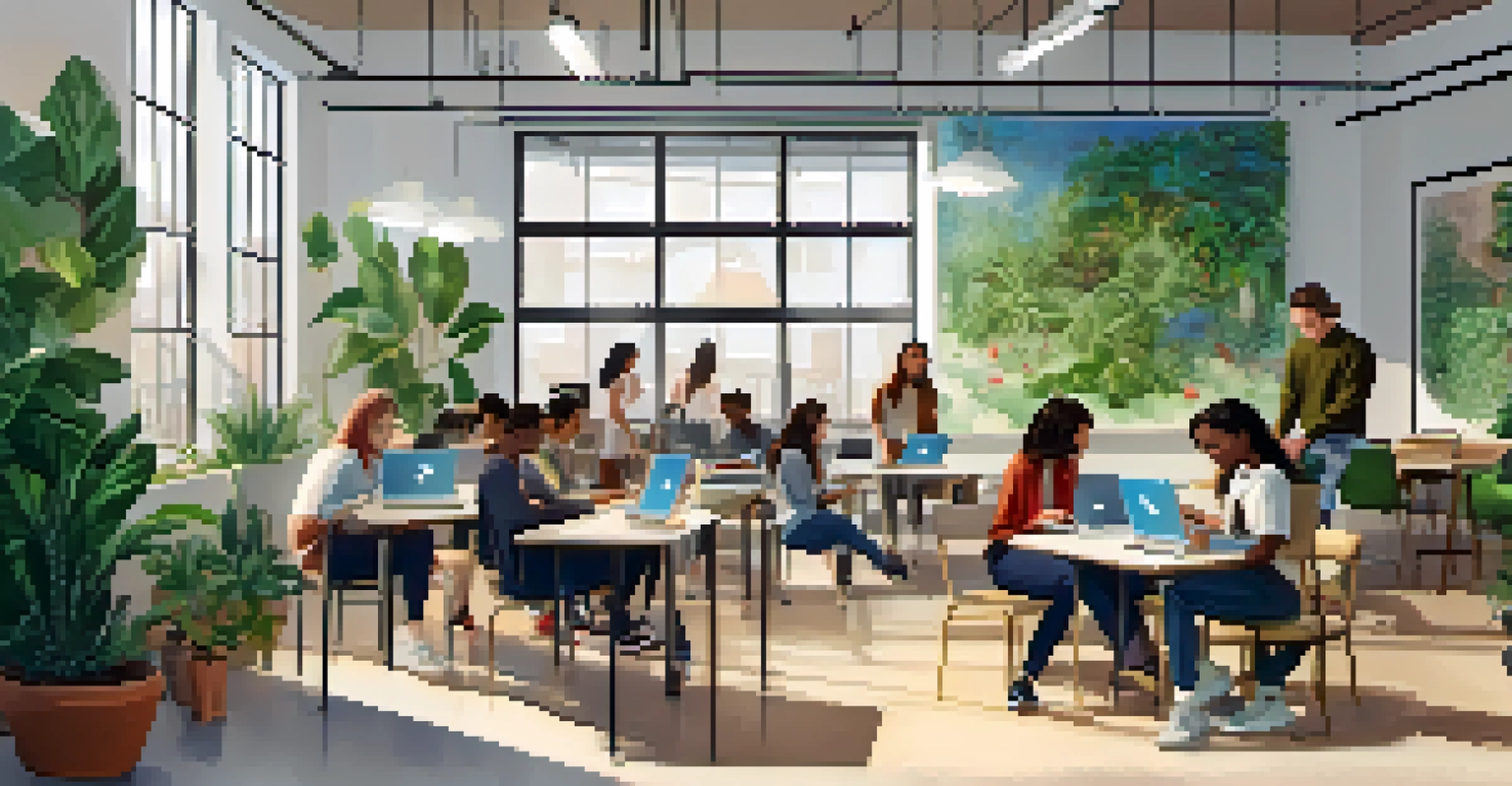 Students working together on a project in a flexible classroom with movable furniture and collaborative elements.