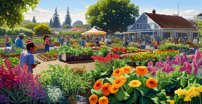 A community garden in San Jose with residents gardening together, surrounded by colorful flowers and vegetables under bright sunlight.
