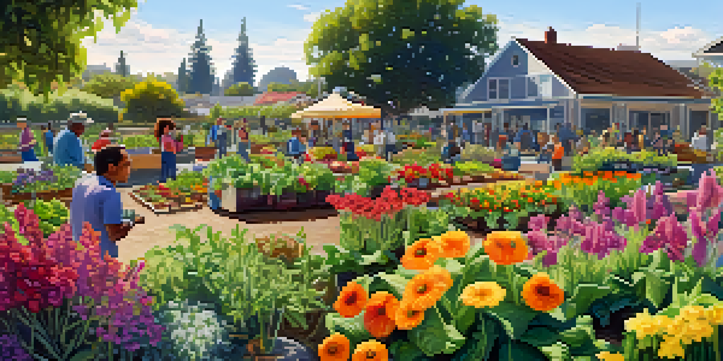 A community garden in San Jose with residents gardening together, surrounded by colorful flowers and vegetables under bright sunlight.