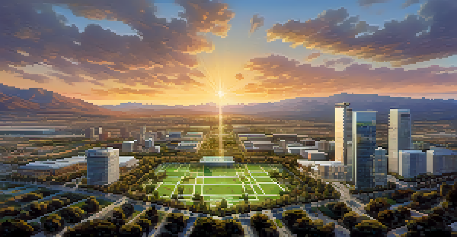 Aerial view of San Jose and Silicon Valley during sunset, with modern buildings and green parks illuminated by golden light.