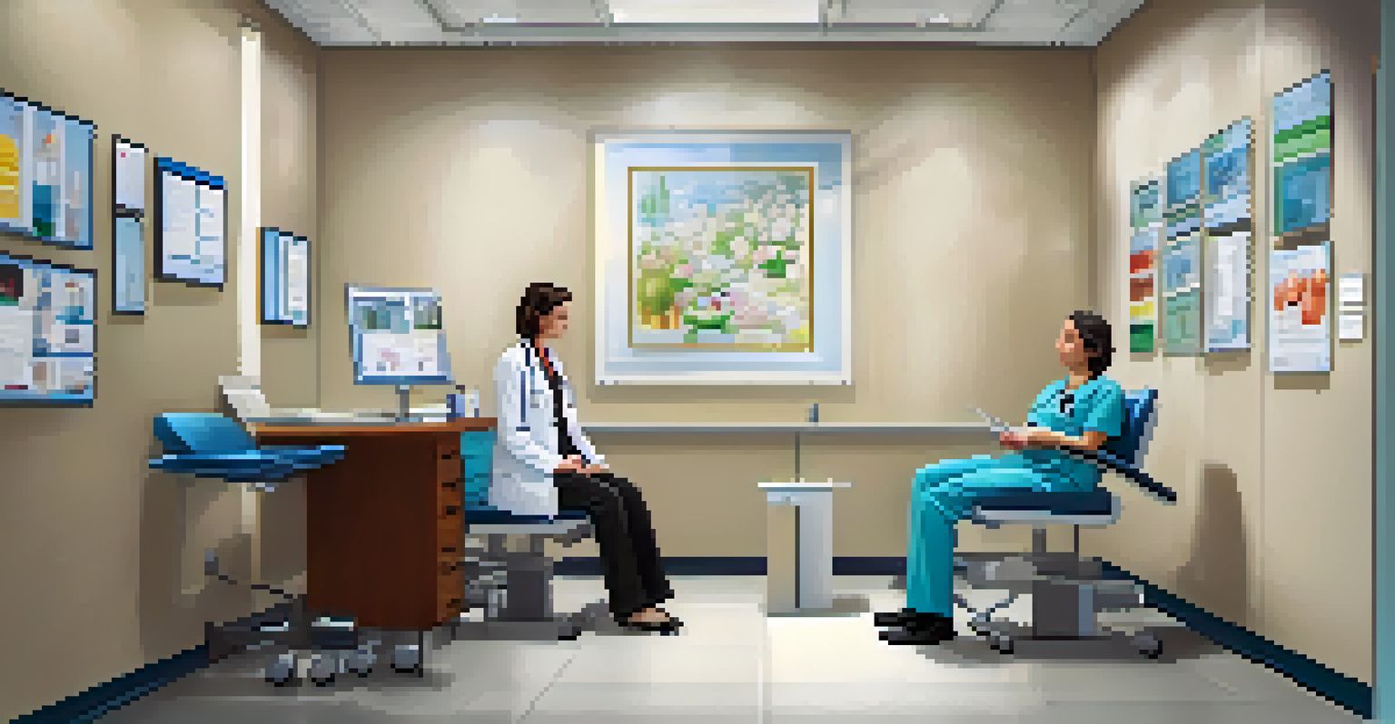 A healthcare professional consulting with a patient in a modern examination room, surrounded by medical tools and health posters.