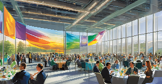 A busy biotechnology conference in San Jose with professionals networking and colorful company banners.