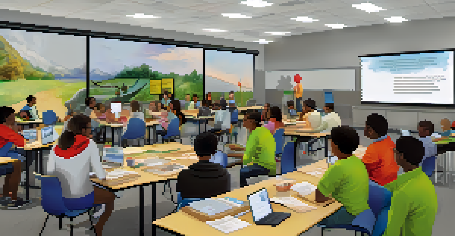 A community workshop with parents and educators discussing technology in education, with laptops and a projector in the background.