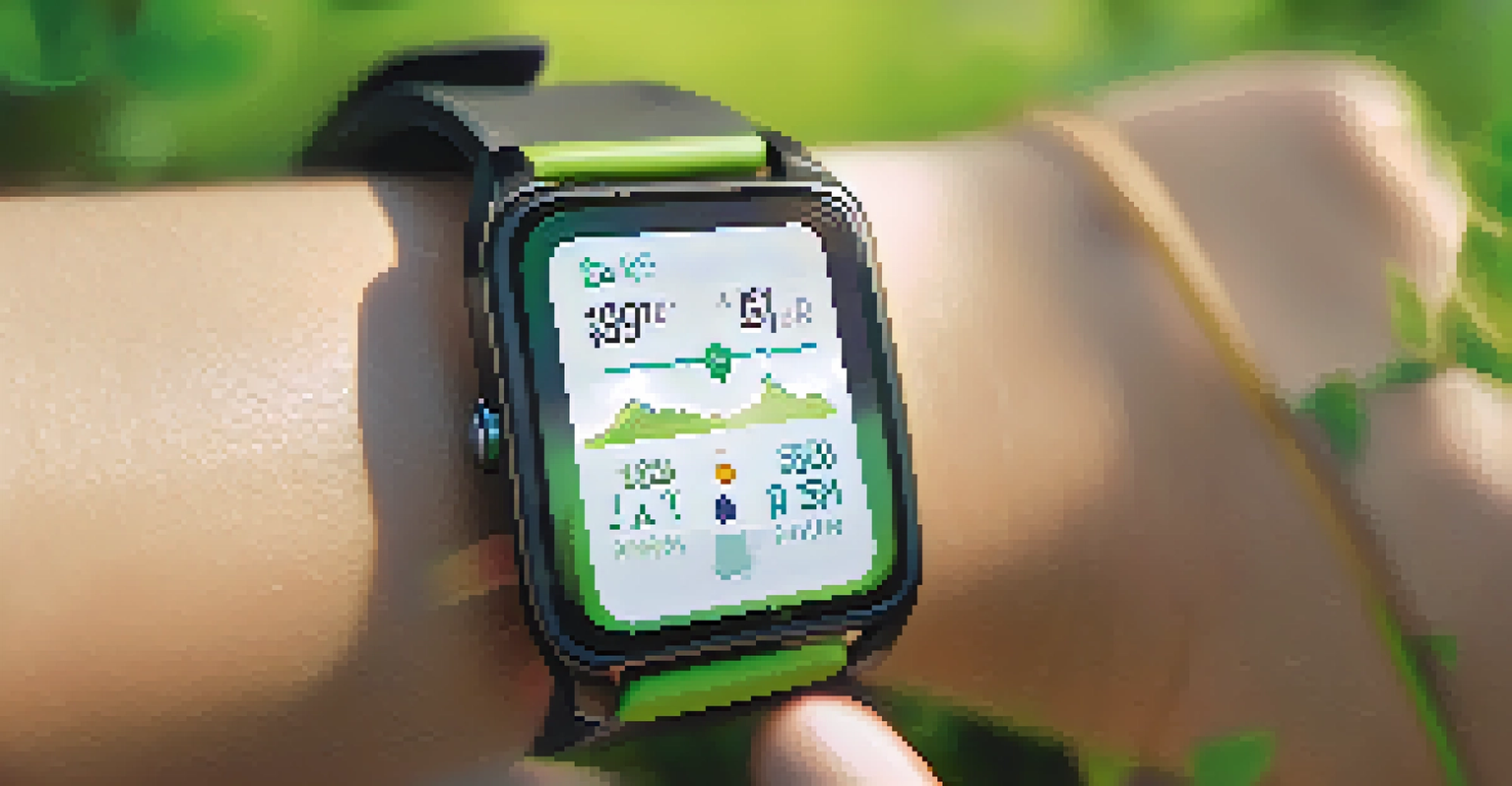A smartwatch showing health metrics while a person exercises outdoors in a park.