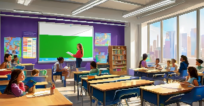 A classroom with students interacting with technology, including a teacher at a smartboard, bright colors, and natural light.