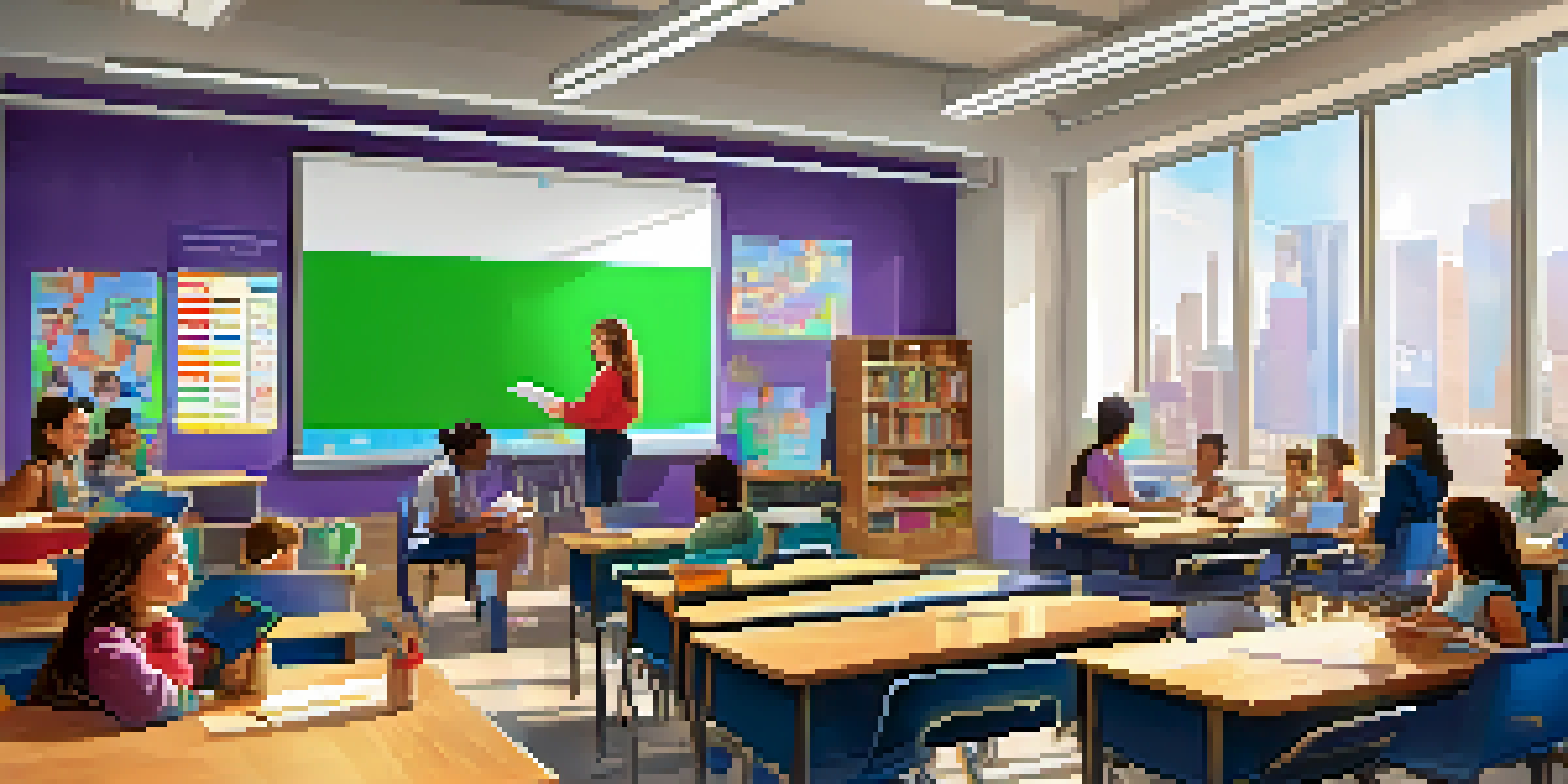 A classroom with students interacting with technology, including a teacher at a smartboard, bright colors, and natural light.