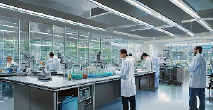 A biotechnology lab with researchers in lab coats surrounded by advanced equipment and data screens.