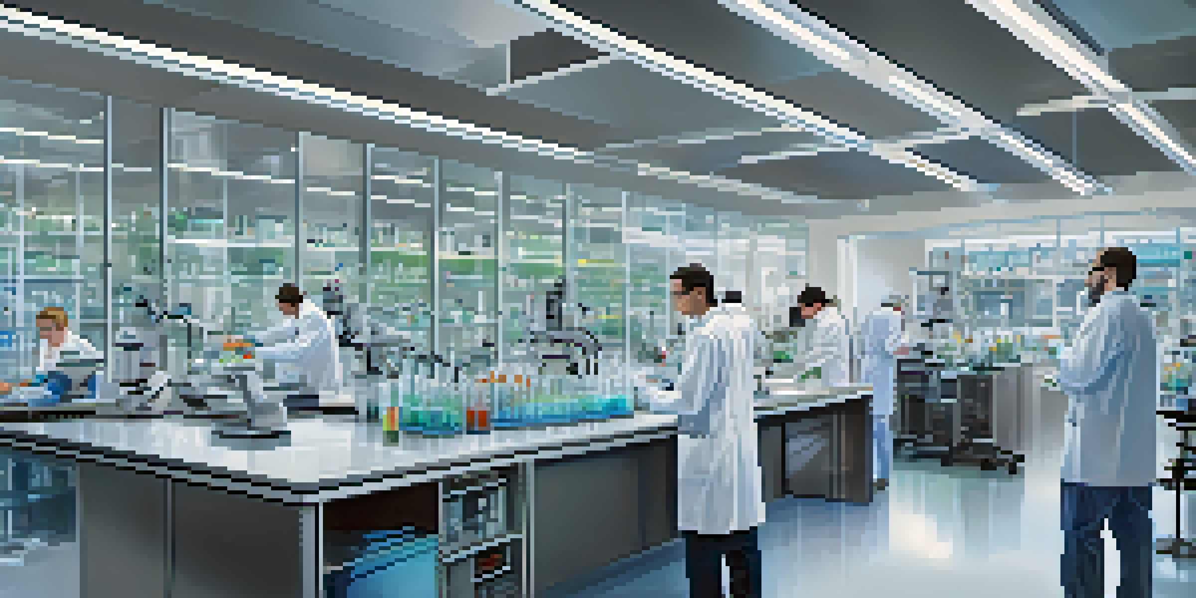 A biotechnology lab with researchers in lab coats surrounded by advanced equipment and data screens.