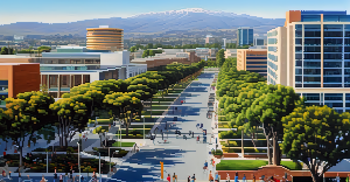 A vibrant skyline of San Jose with modern buildings, green parks, and palm trees under a clear sky, depicting a lively atmosphere.
