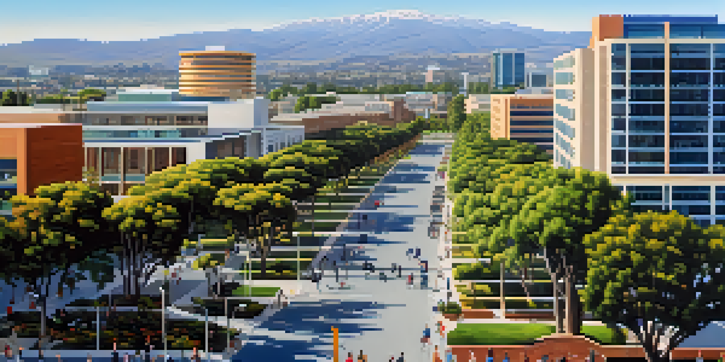 A vibrant skyline of San Jose with modern buildings, green parks, and palm trees under a clear sky, depicting a lively atmosphere.