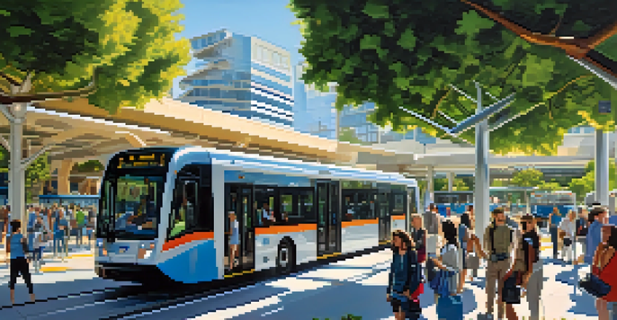 A busy public transit station in San Jose with electric buses, light rail trains, and diverse commuters surrounded by greenery under a clear blue sky.
