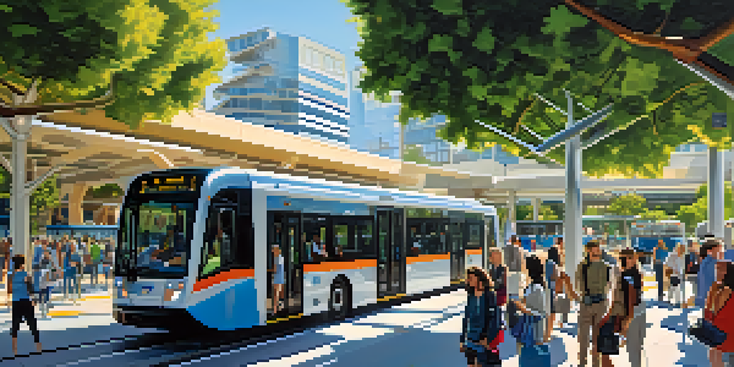 A busy public transit station in San Jose with electric buses, light rail trains, and diverse commuters surrounded by greenery under a clear blue sky.