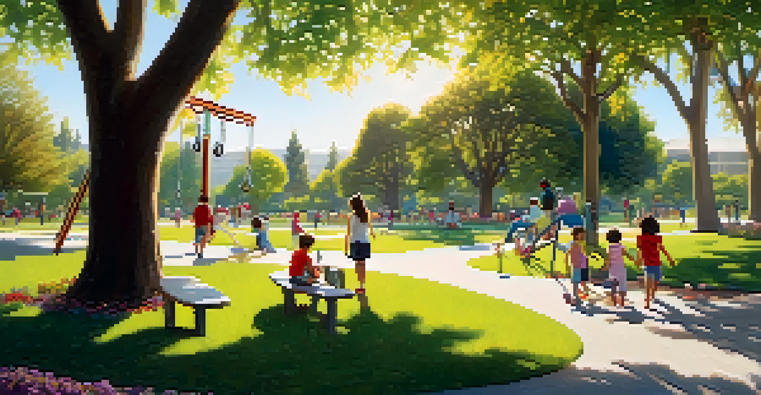 Children playing in a sunny park surrounded by trees and flowers, with families enjoying picnics in the background.