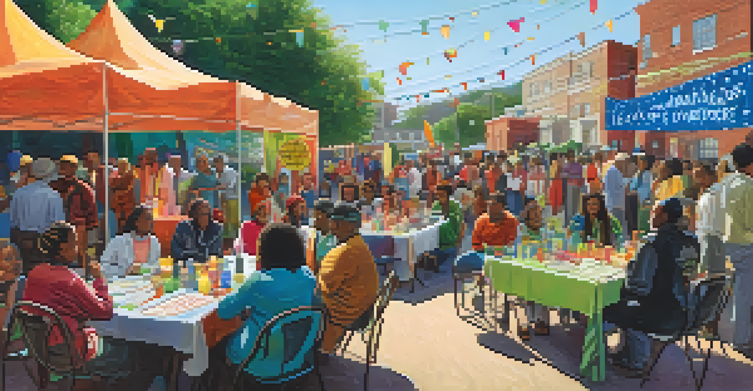Community event promoting legal resources for immigrants, with a diverse group of people gathered around information tables under a colorful banner.