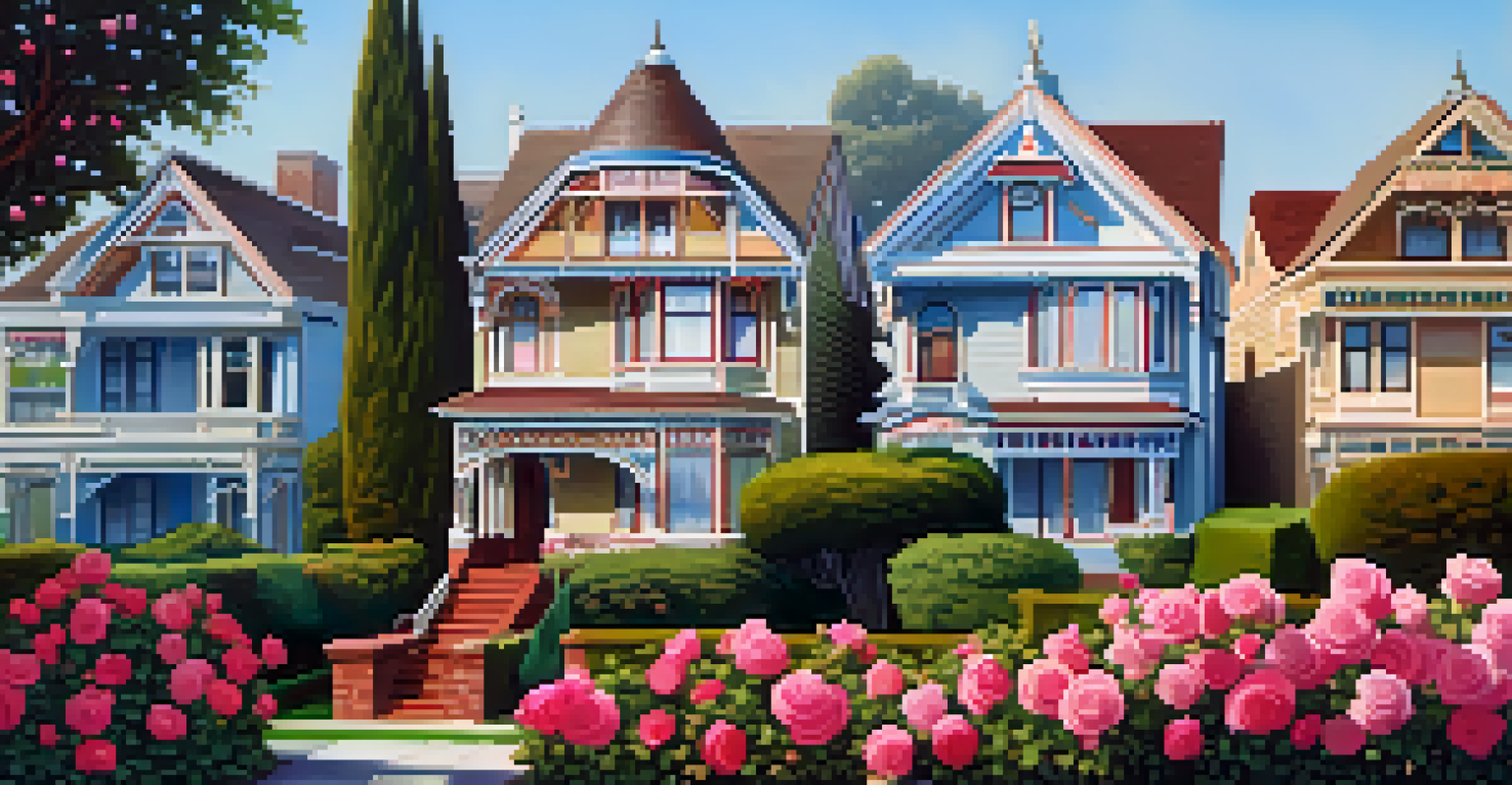 A beautiful Victorian neighborhood in San Jose with colorful homes and blooming roses, reflecting the charm of the Heritage Rose Garden.
