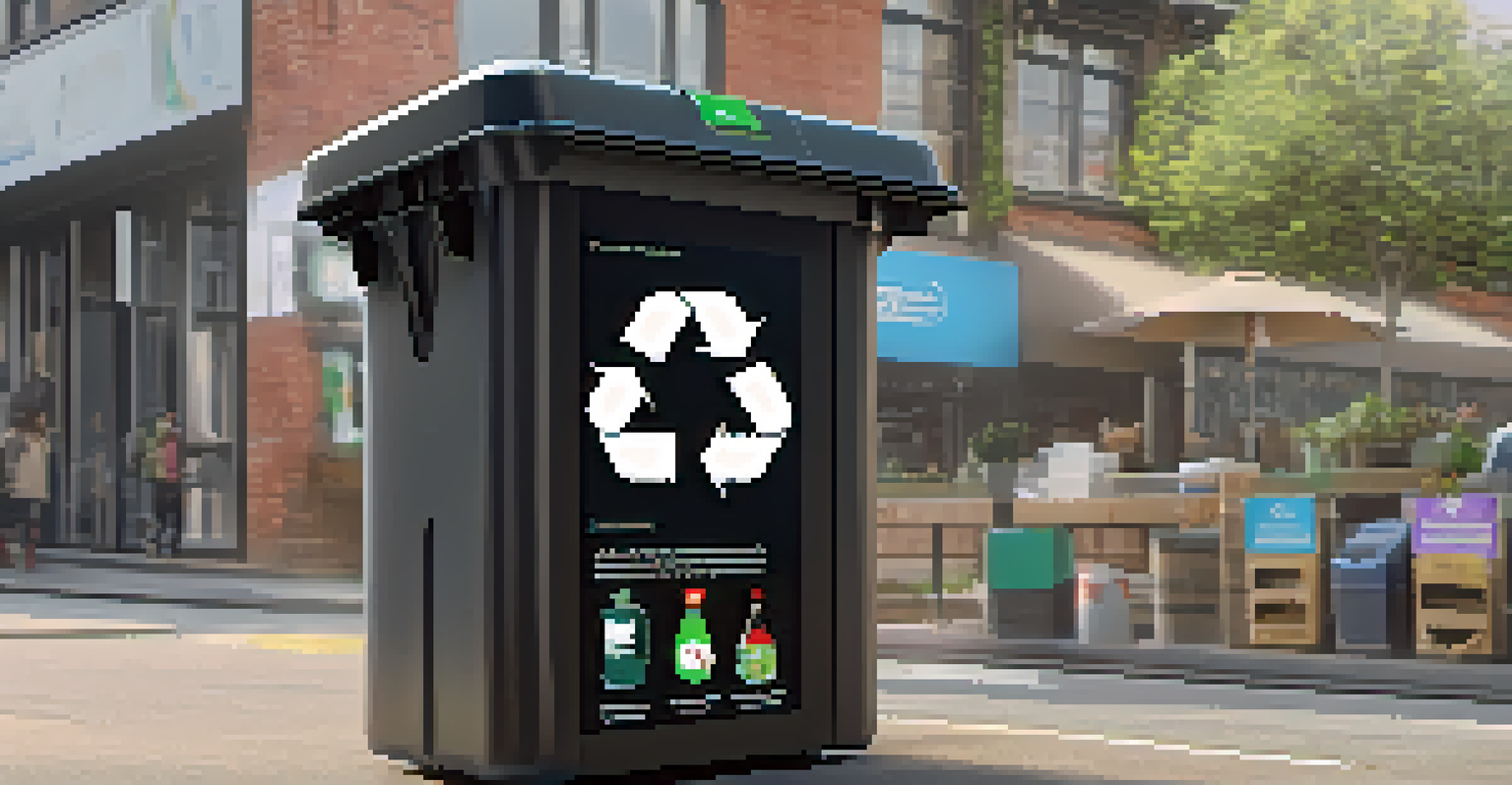 Close-up of a smart waste bin showing recycling guidelines, surrounded by recyclable materials like plastic bottles and cardboard.