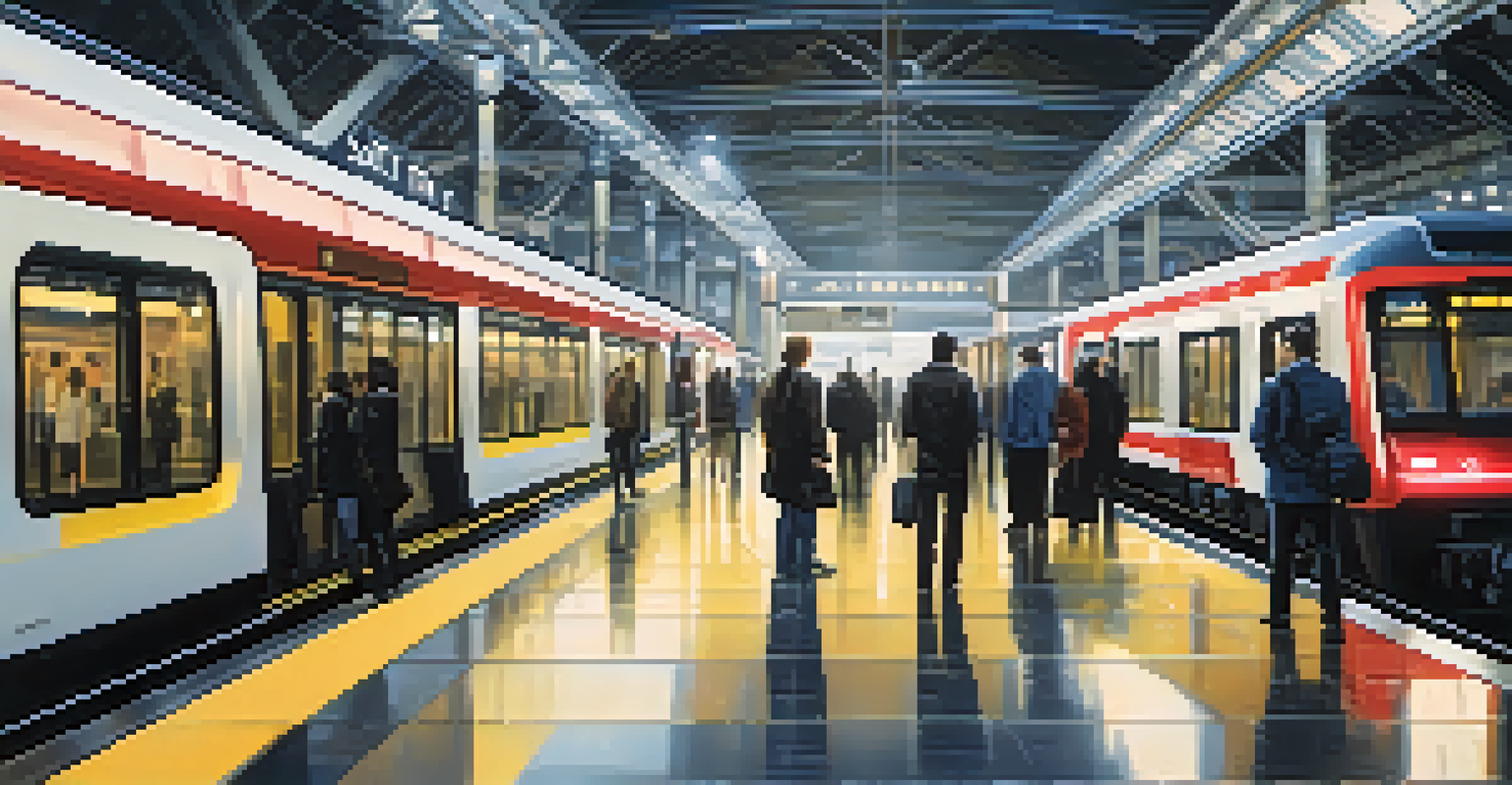 A modern urban train station showcasing smart surveillance technologies and passengers.