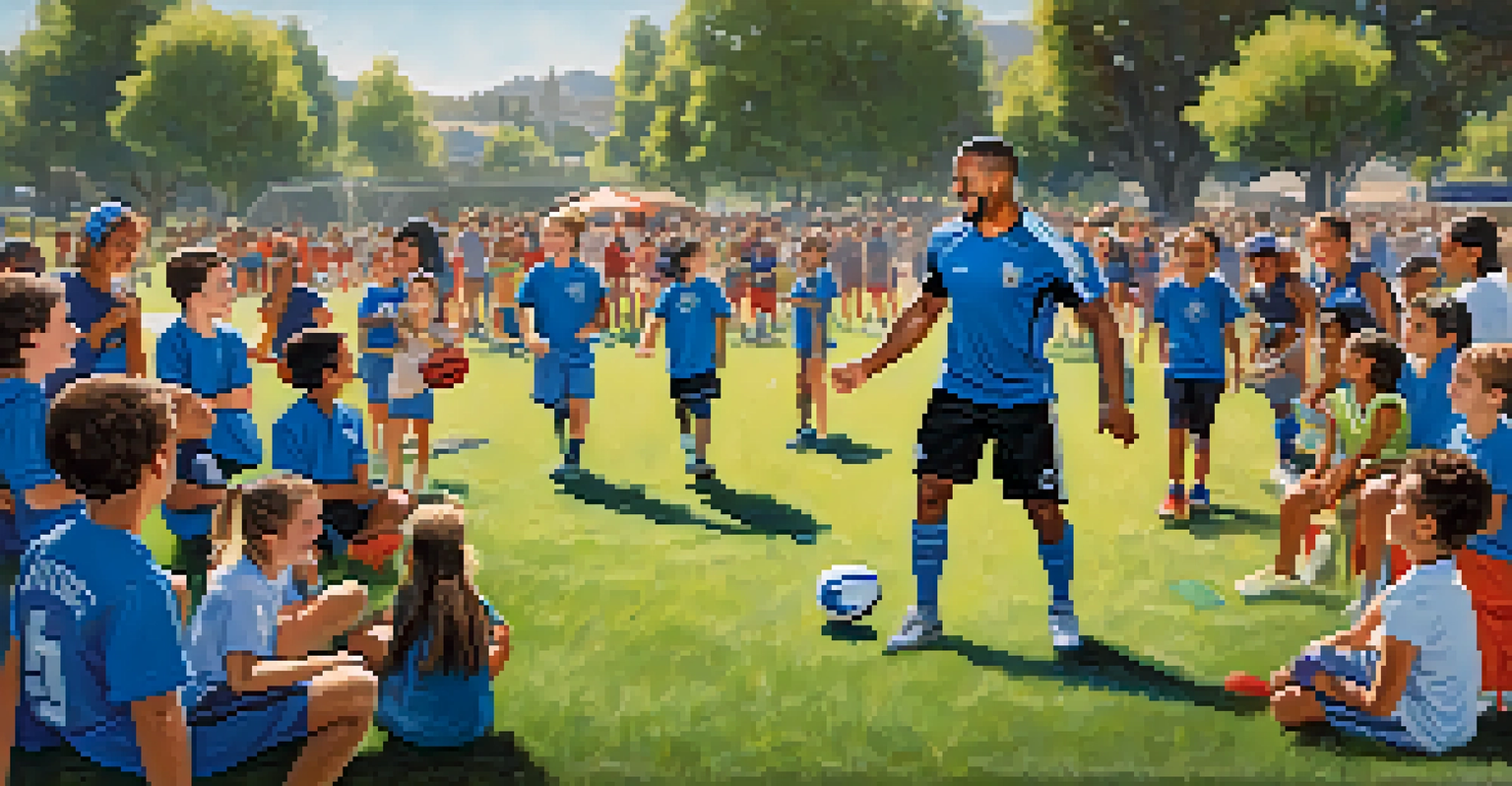 A professional athlete teaching skills to young fans at a sports clinic in a park.