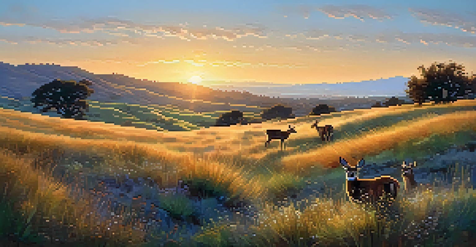 A sunset view of grasslands filled with wildflowers and grazing deer, illuminated by the warm light of the setting sun.