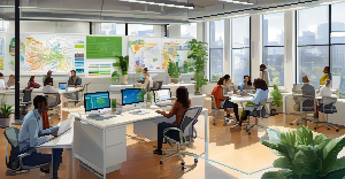 A bright co-working space with diverse professionals working together on biotech projects, featuring modern equipment and a collaborative atmosphere.