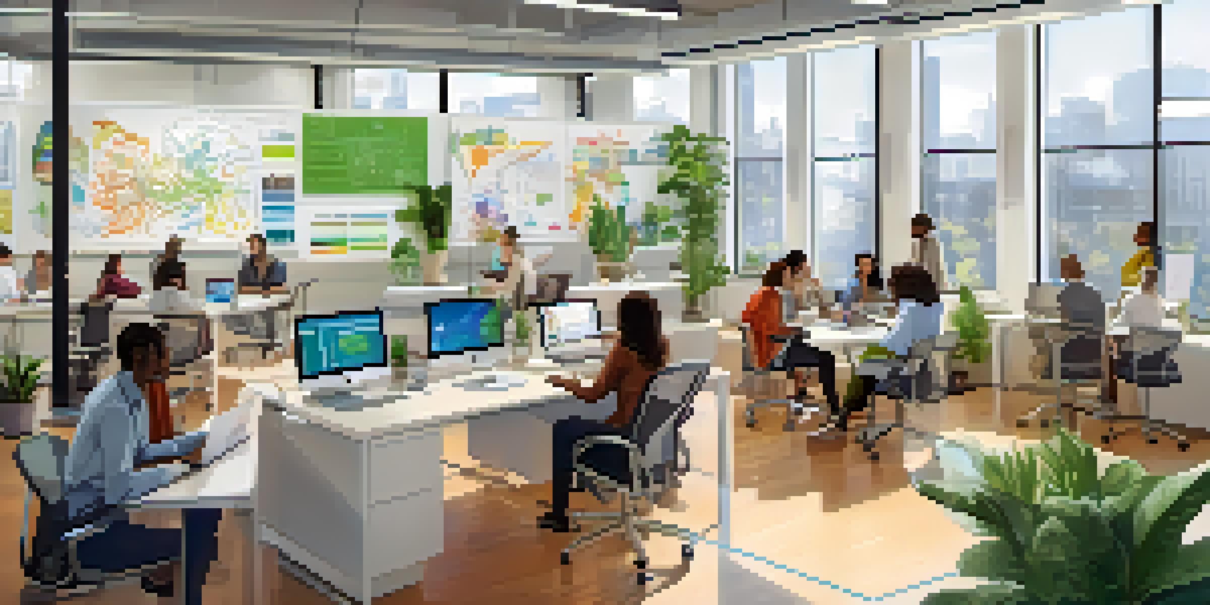 A bright co-working space with diverse professionals working together on biotech projects, featuring modern equipment and a collaborative atmosphere.