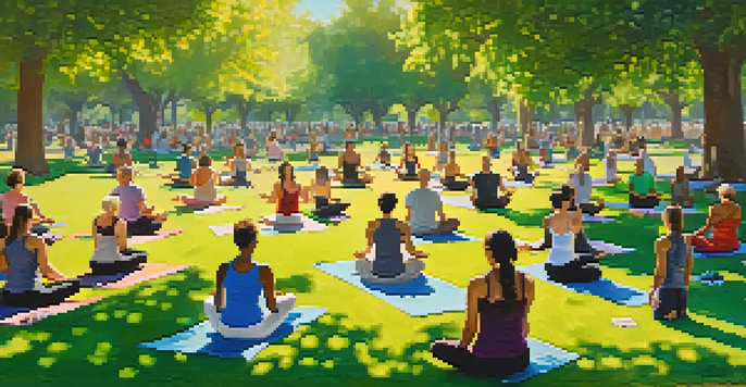 A diverse group of people practicing yoga in a sunny park, surrounded by greenery and flowers.