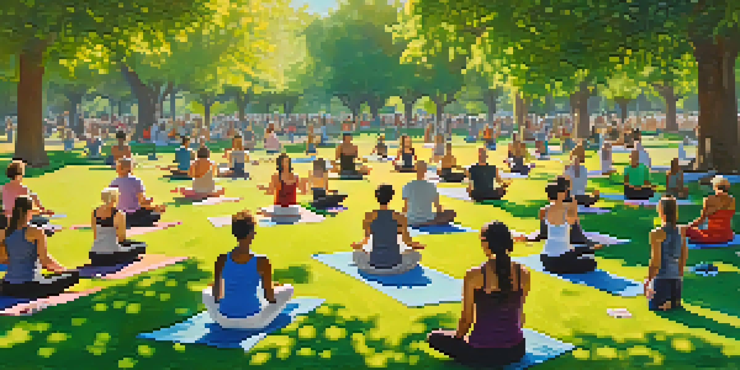 A diverse group of people practicing yoga in a sunny park, surrounded by greenery and flowers.