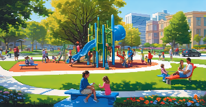 A lively urban park filled with families, children playing on a playground, and adults sitting on benches amidst greenery and flowers, with modern buildings in the background.