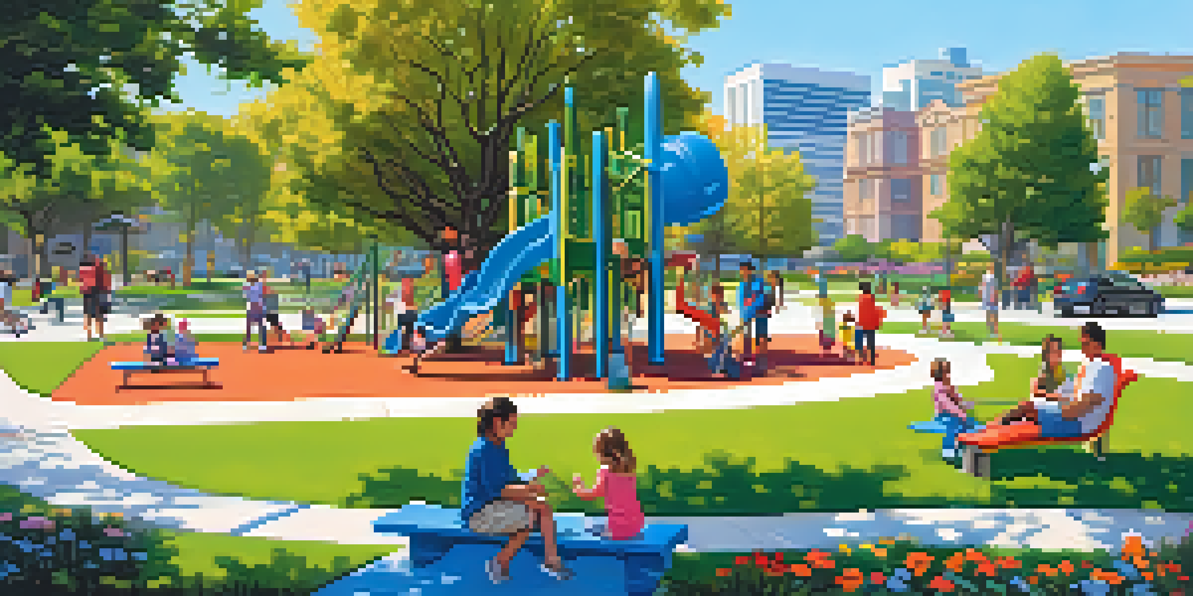 A lively urban park filled with families, children playing on a playground, and adults sitting on benches amidst greenery and flowers, with modern buildings in the background.