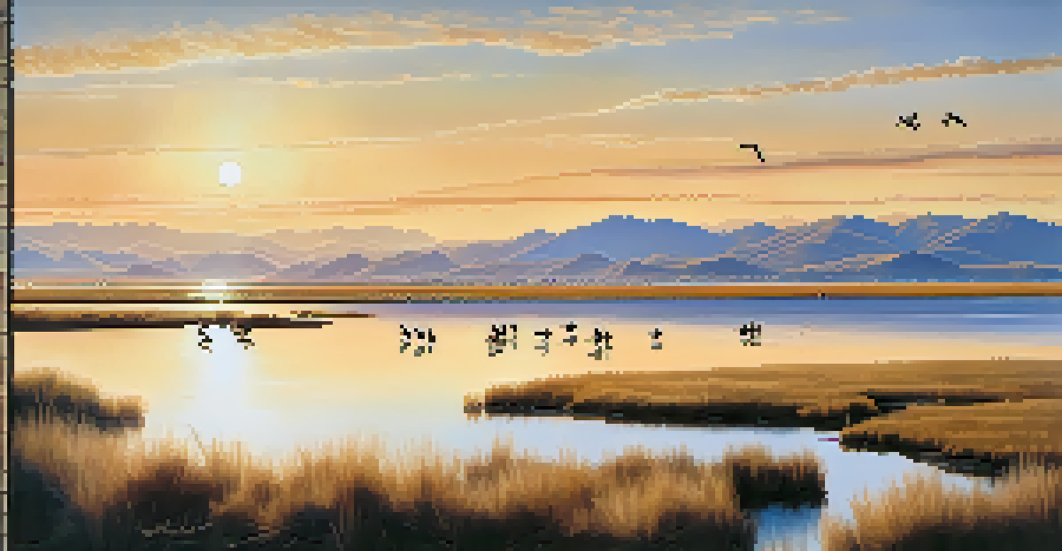 A panoramic view of wetlands with birds wading, mountains in the background, and a sunset sky.