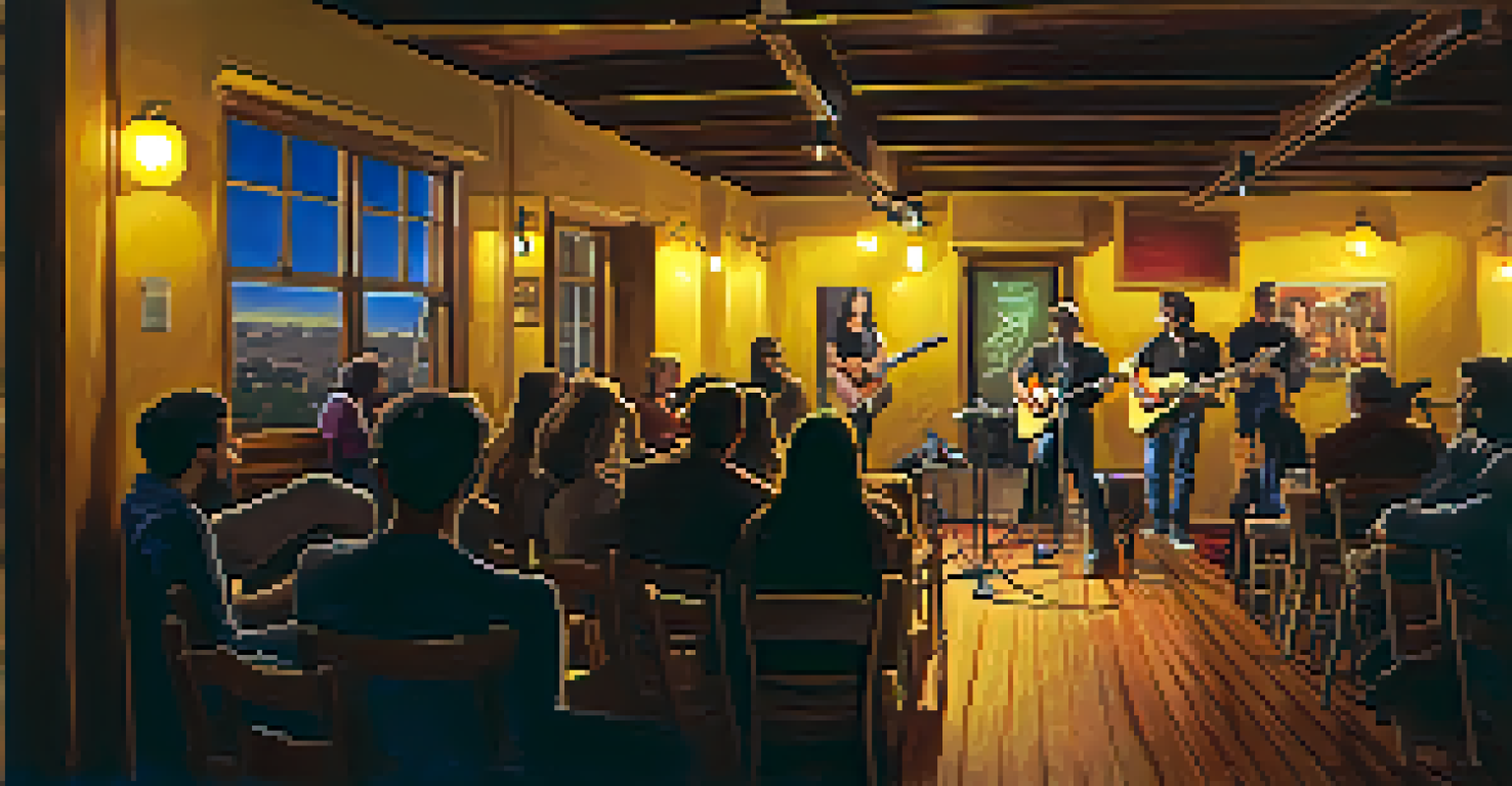 A cozy music venue in San Jose with a solo artist on stage playing guitar, surrounded by an engaged audience in warm lighting.