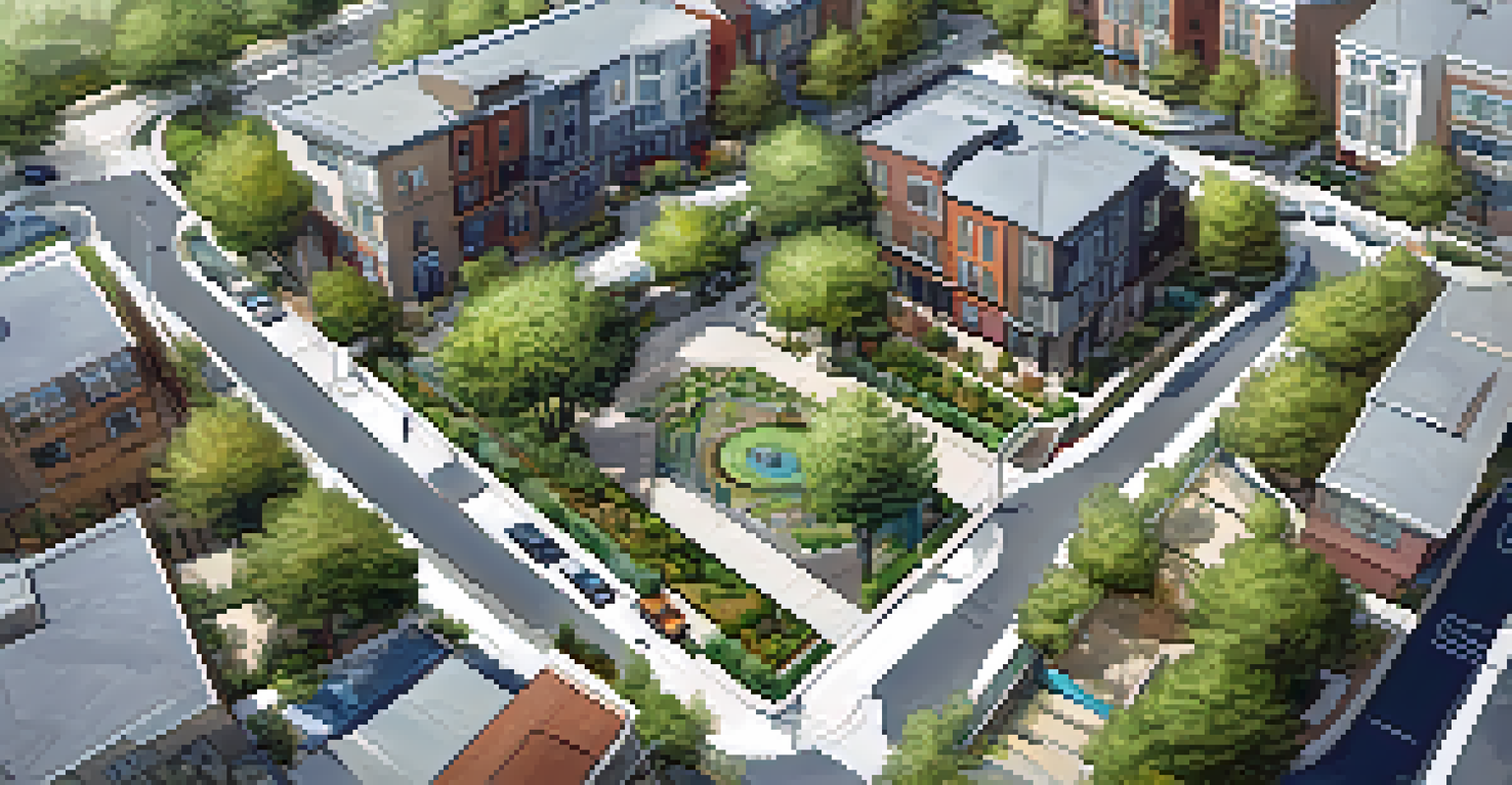 An aerial view of a revitalized neighborhood featuring green infrastructure, parks, and community spaces in San Jose.