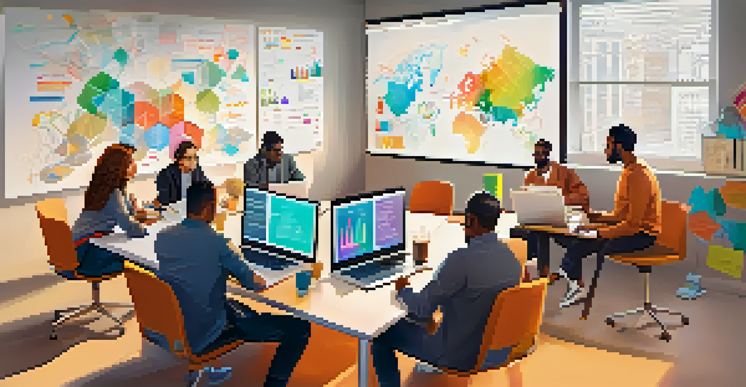 A team of diverse individuals brainstorming in a modern office, with a whiteboard covered in colorful notes and diagrams.