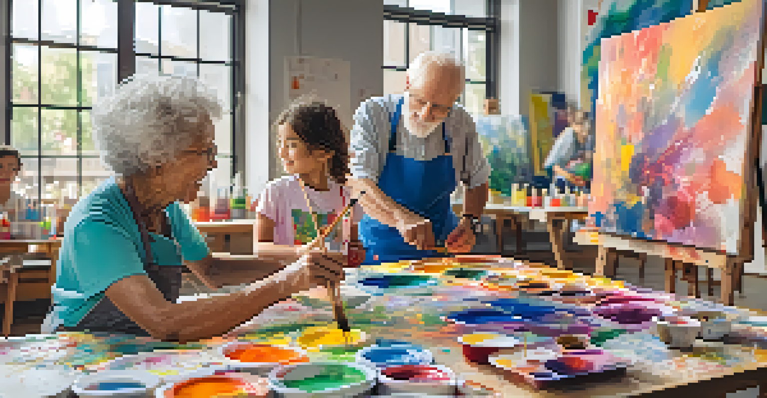 Seniors and children working together in an art class, creating a collaborative painting on a large canvas.