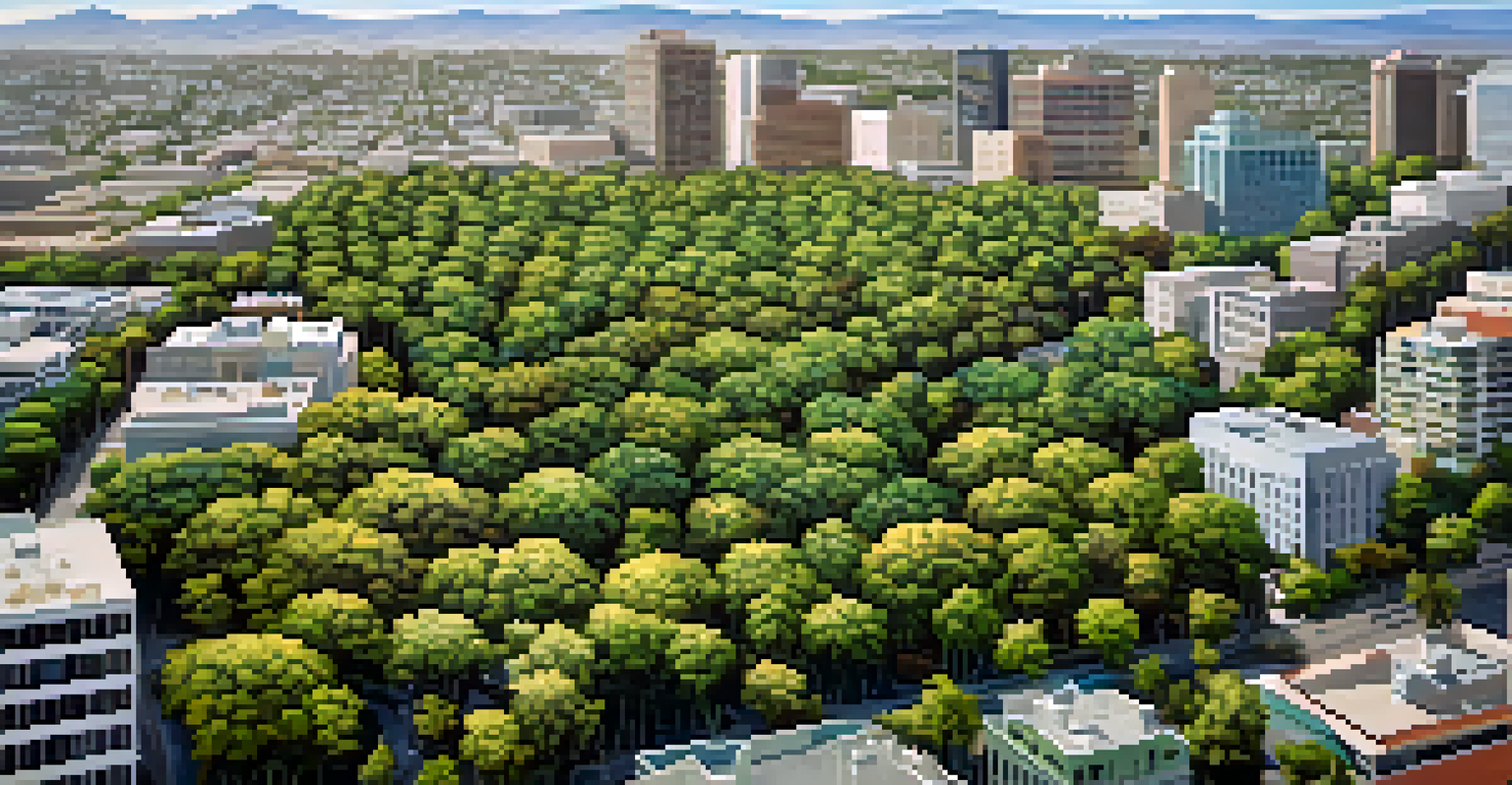 An aerial view of San Jose showing a dense urban forest with a mix of greenery and buildings.