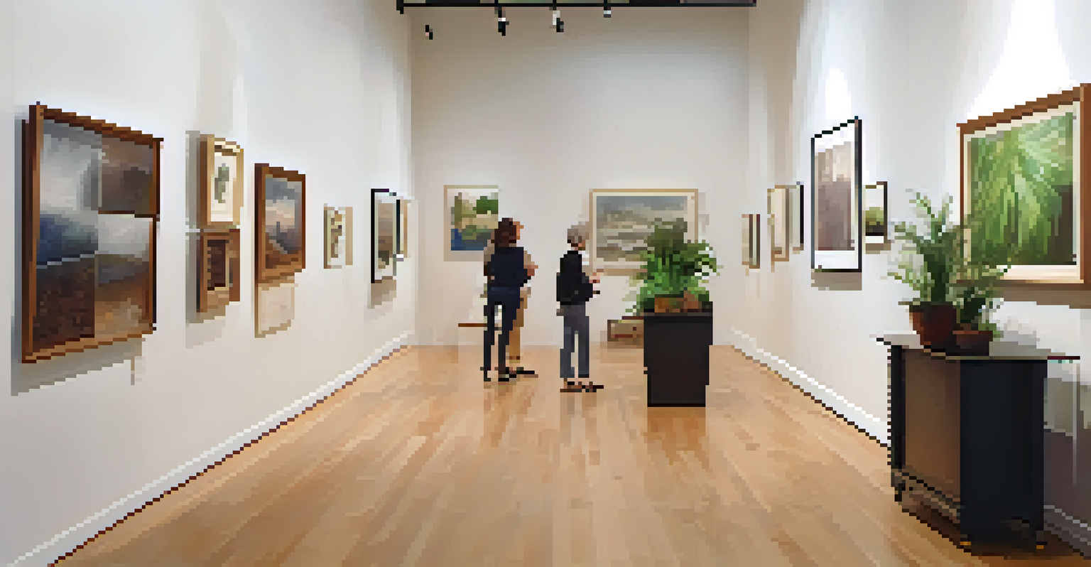 A cozy gallery with visitors discussing contemporary art pieces during an art walk.