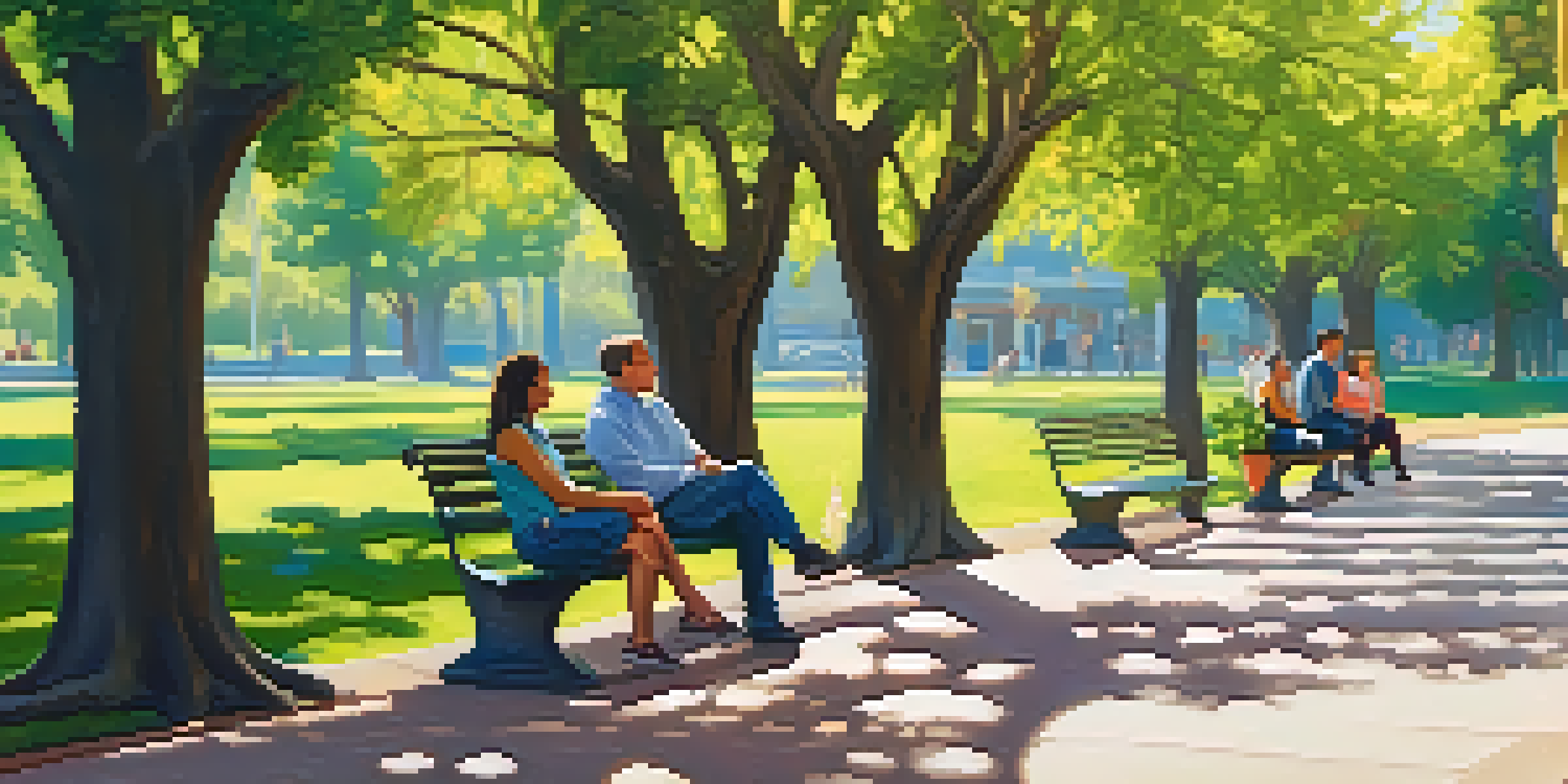 A park in San Jose with diverse individuals conversing on benches surrounded by trees and flowers under a sunny sky.