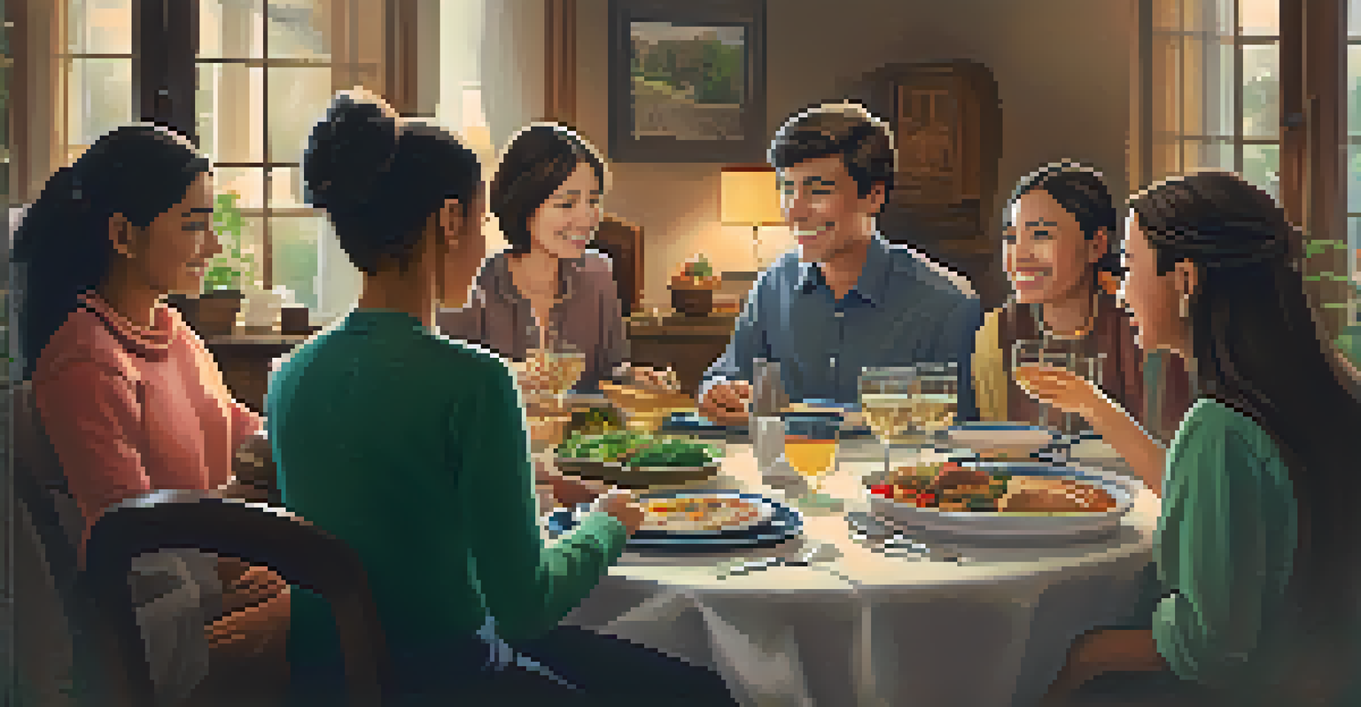 A host family enjoying a meal with an exchange student in a warm and inviting living room.