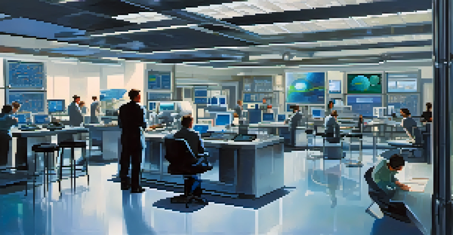 Inside a high-tech laboratory at NASA Ames with scientists working on computers and aerospace research under soft lighting.