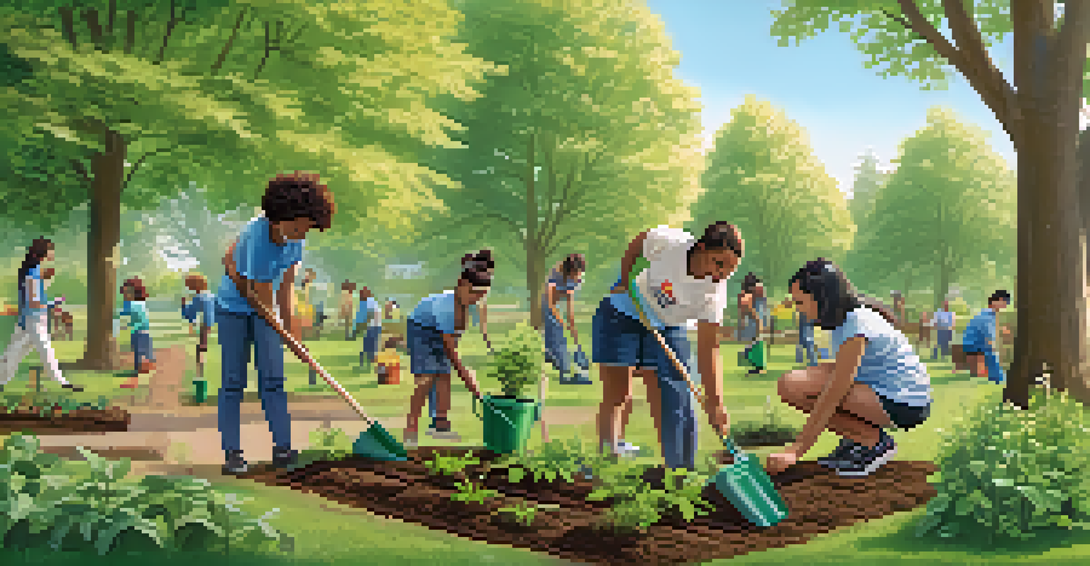Youth planting trees in a local park, working together with gardening tools and smiling.