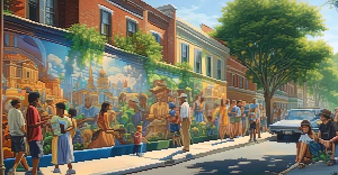 A colorful street mural illustrating a historical event with locals admiring it in a sunny urban environment.